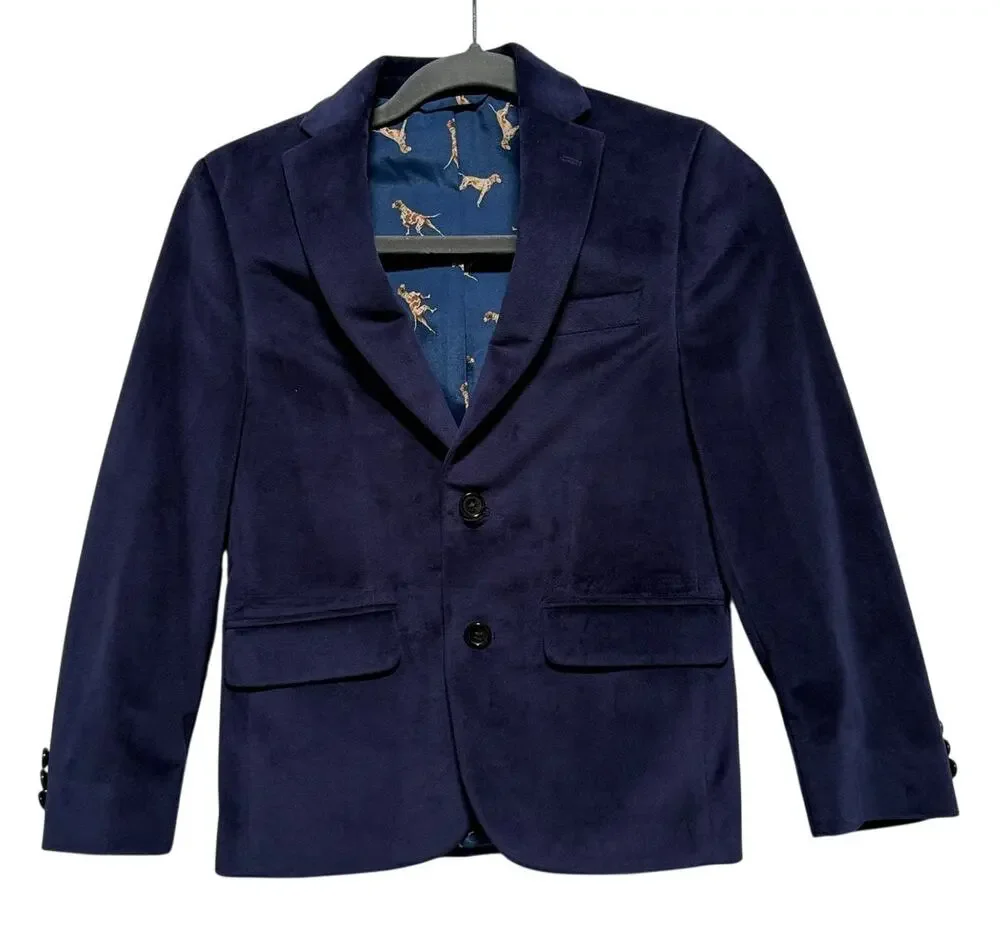 Lauren Ralph Lauren Boys Blazer 10R Dark Blue Velvet Lined Hunting Dog Print